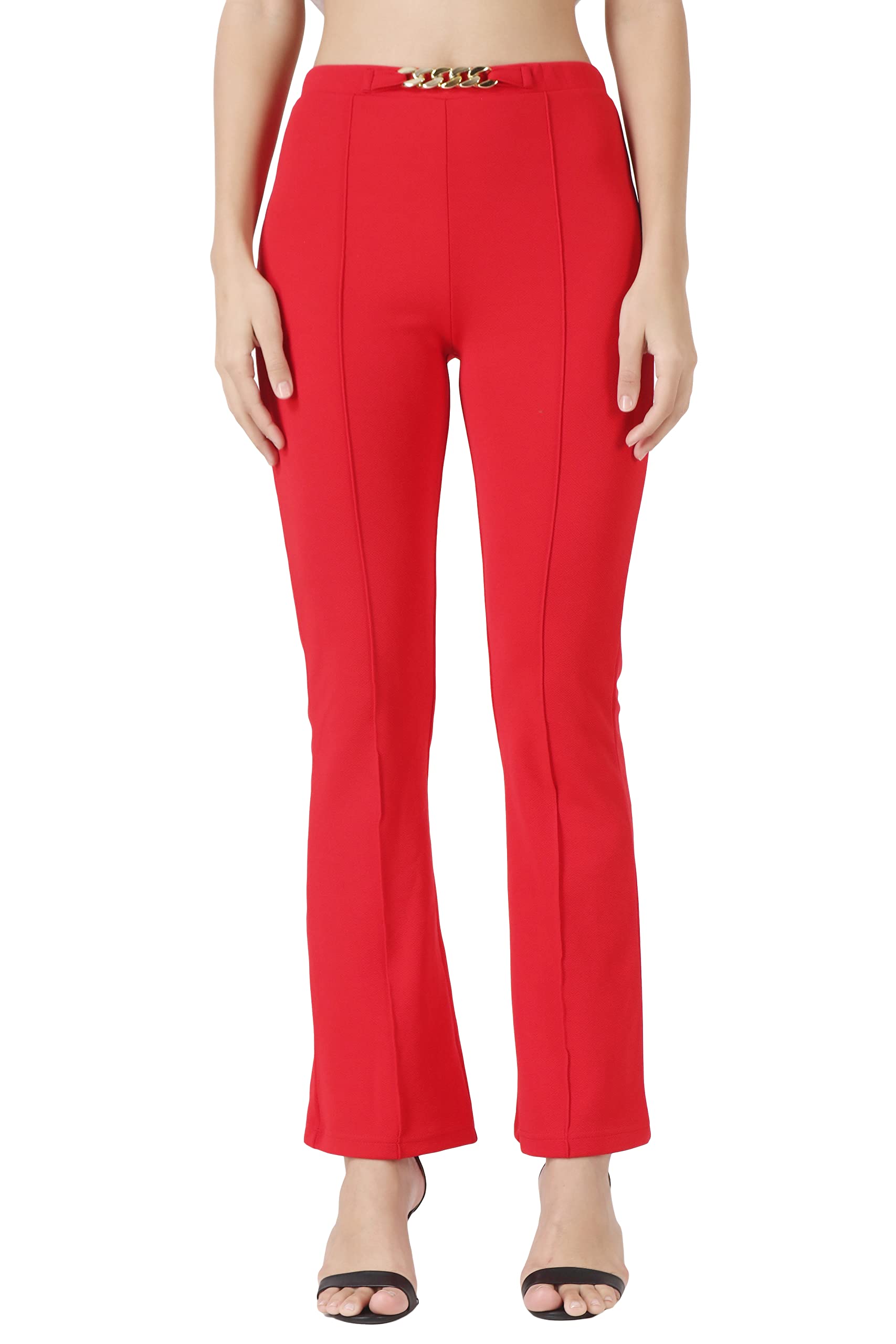 POPWINGS Solid Full-Length Polyester Regular-Fit Trouser Pants for Women for Casual and Semi Formal Wear Red
