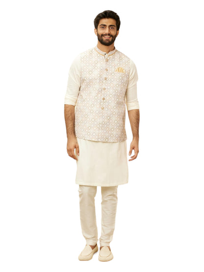 Manyavar Mens Cream Blended Cotton Self Design Jackets