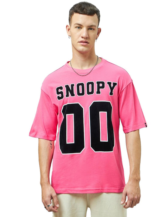 Bewakoof Official Peanuts Merchandise Mens Typography Oversized Half Sleeve Round Neck Cotton Jersey T-Shirt_604551_Pink_M