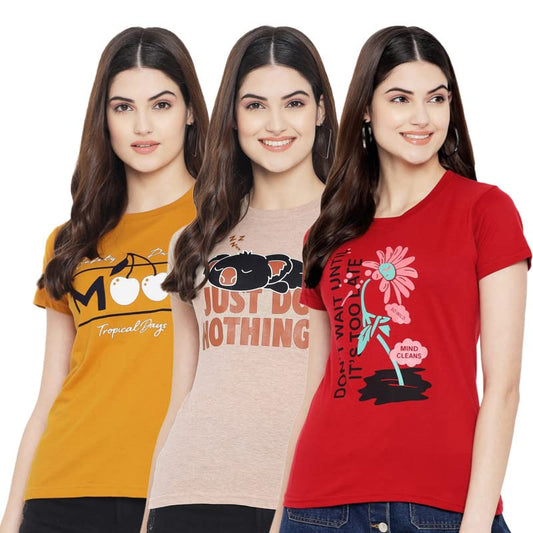 Preneum Womens Cotton Regular Fit Latest Graphic Stylish Printed Short Sleeves Casual T-Shirt || Trend & Styles (Pack 3), Yello