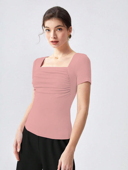 Shasmi Womens & Girls Peach Womens Summer Square Neck Solid Color Ruched Tee Workwear Pleated Casual t-Shirt for Women (Top 1