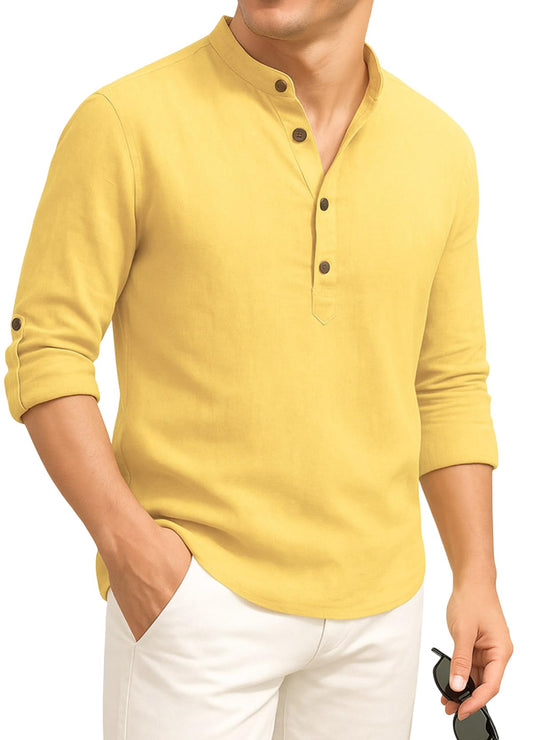 Deelmo MenS Cotton Blend Solid Regular Fit Full Sleeve Short Kurta | MenS Trendy Short Kurta Yellow