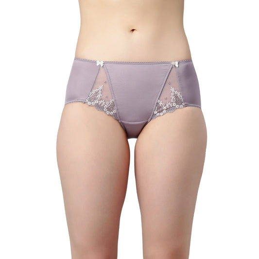 Enamor Womens Mid Waist Full Coverage Hipster Panty with Embroidered Lace Panels and Bows (Pack of 1) - P087(P087-Silver Lilac-