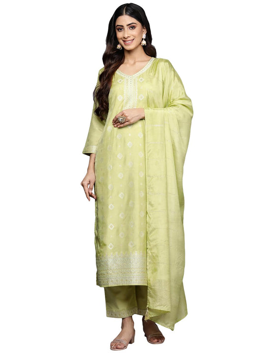 Libas Green Self Design Silk Blend Straight Kurta With Trousers & Dupatta