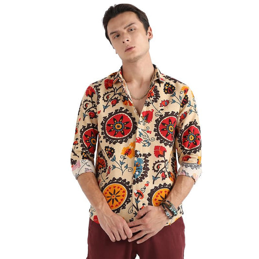 Campus Sutra Mens Multicolour Ethnic Floral Shirt for Casual Wear | Spread Collar | Long Sleeve | Button Closure | Cotton Shirt