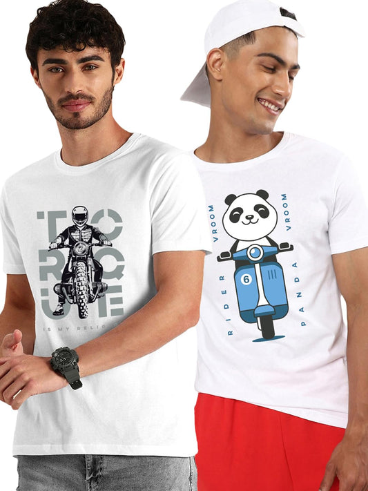 Bewakoof Mens Panda Vroom & Motor Bike Printed 100% Cotton T-Shirts (Pack of 2) - Regular Fit, Round Neck, Half Sleeves_601757_