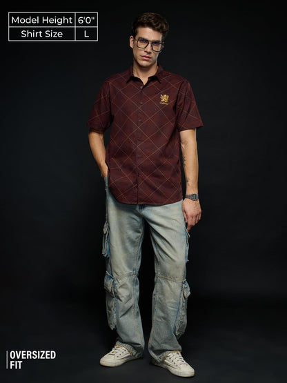 The Souled Store Harry Potter: Gryffindor Argyle Collared Neck Button Front Red Embroidered Regular Fit Cotton Half Sleeve Shirt