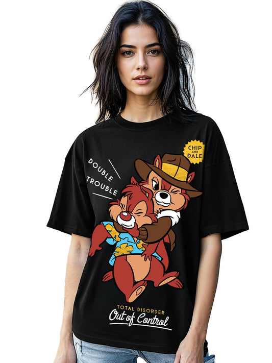Bewakoof Heavy Duty 1.0 Official Disney Merchandise Chip and Dale Womens Graphic Print Oversized Fit Half Sleeve Round Neck Ter