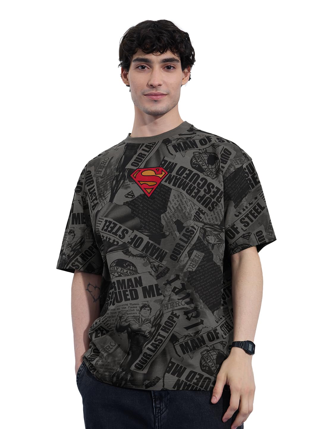 The Souled Store Superman: Men and Boys Short Sleeves Round Neck Grey Embroidered Cotton Oversized T-Shirts