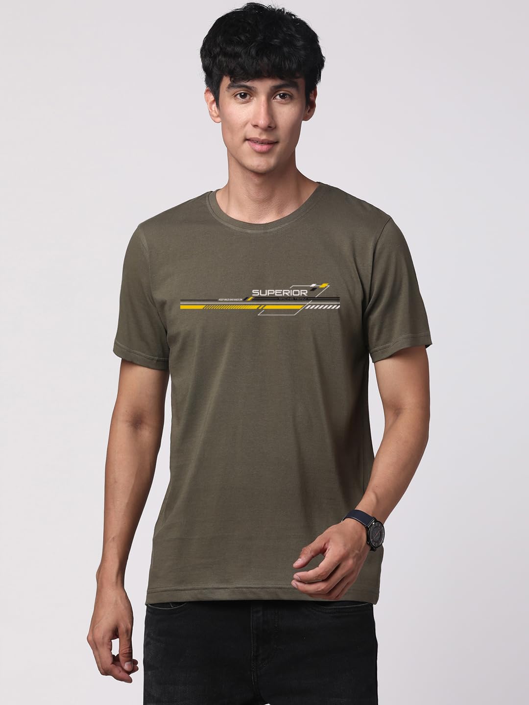 ADRO Men's Graphic Printed 100% Cotton T-Shirt - Regular Fit, Printed T-Shirts for Men (RN24-RAC-OL_Olive)