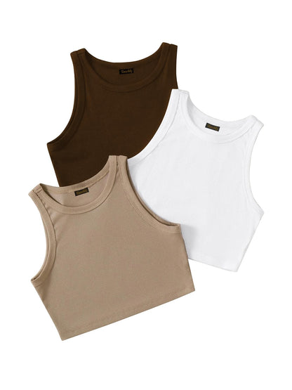 Toochki Tops for Woman | Spandex Top | Crop | Western | for Jeans | Sleeveless | Short | Stretchable | Pack of Three | Beige-Whi