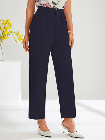 Shasmi Womens Navy Blue High Waist Pleated Straight Leg Trousers  Elegant Solid Color Work Pants with Pockets, Casual Office Wea