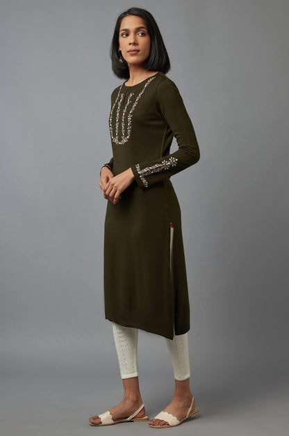 W for Woman Olive Embroidered Kurta