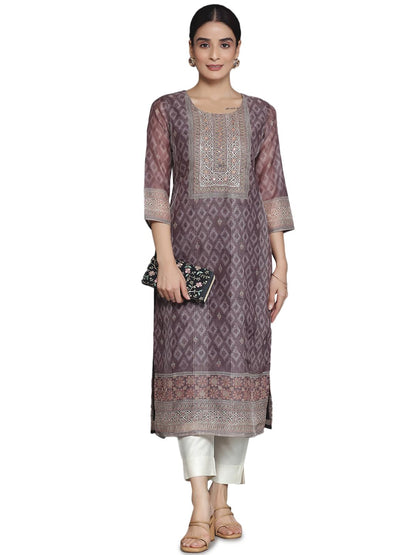 Libas Brown Embellished Chanderi Silk Straight Kurta