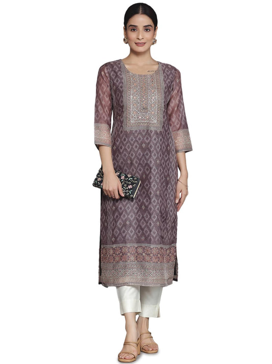 Libas Brown Embellished Chanderi Silk Straight Kurta