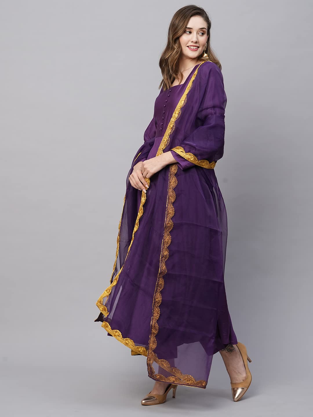 GoSriKi Women's Cotton Blend Anarkali Solid Kurta with Pant & Dupatta (Mini-BEGANI-GS)