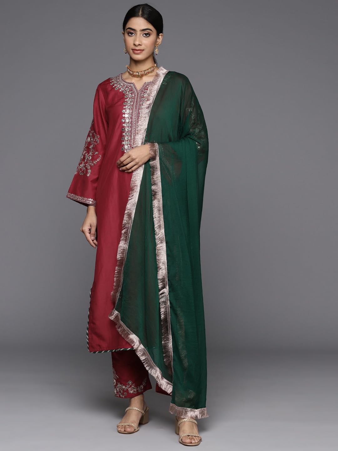 Varanga Women's Maroon Round Neck Yoke Embroidered Straight Kurta with Tonal Embroidered Bottom and Contrast Dupatta with Fringes ?Elegant Ethnic Wear