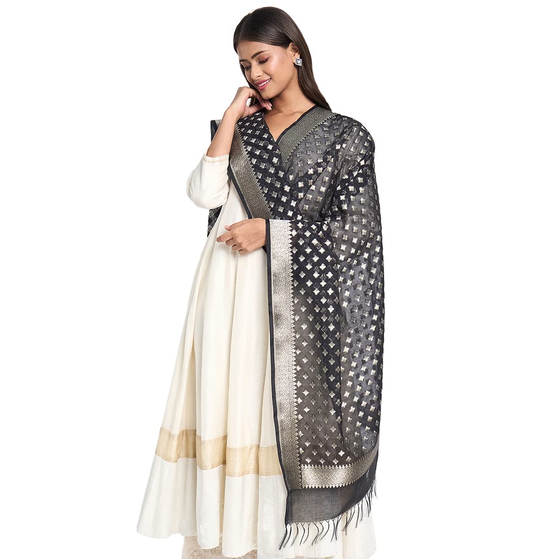 Fabindia Women Cotton Silk Woven Dupatta Black_Freesize