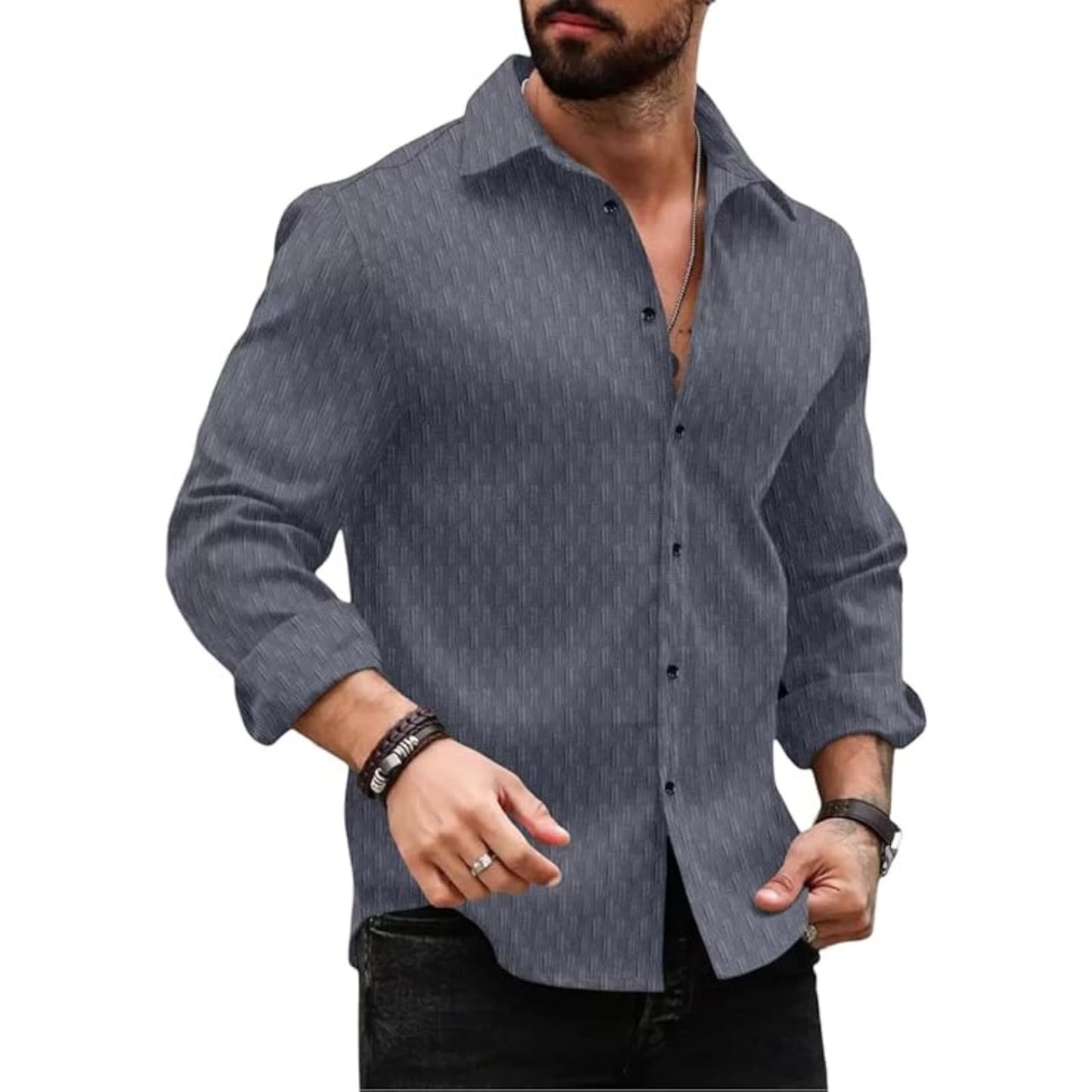 Deelmo MenS Regular Fit Button Down Dress Shirts Textured Long Sleeve Casual Hawaiian Shirt Grey