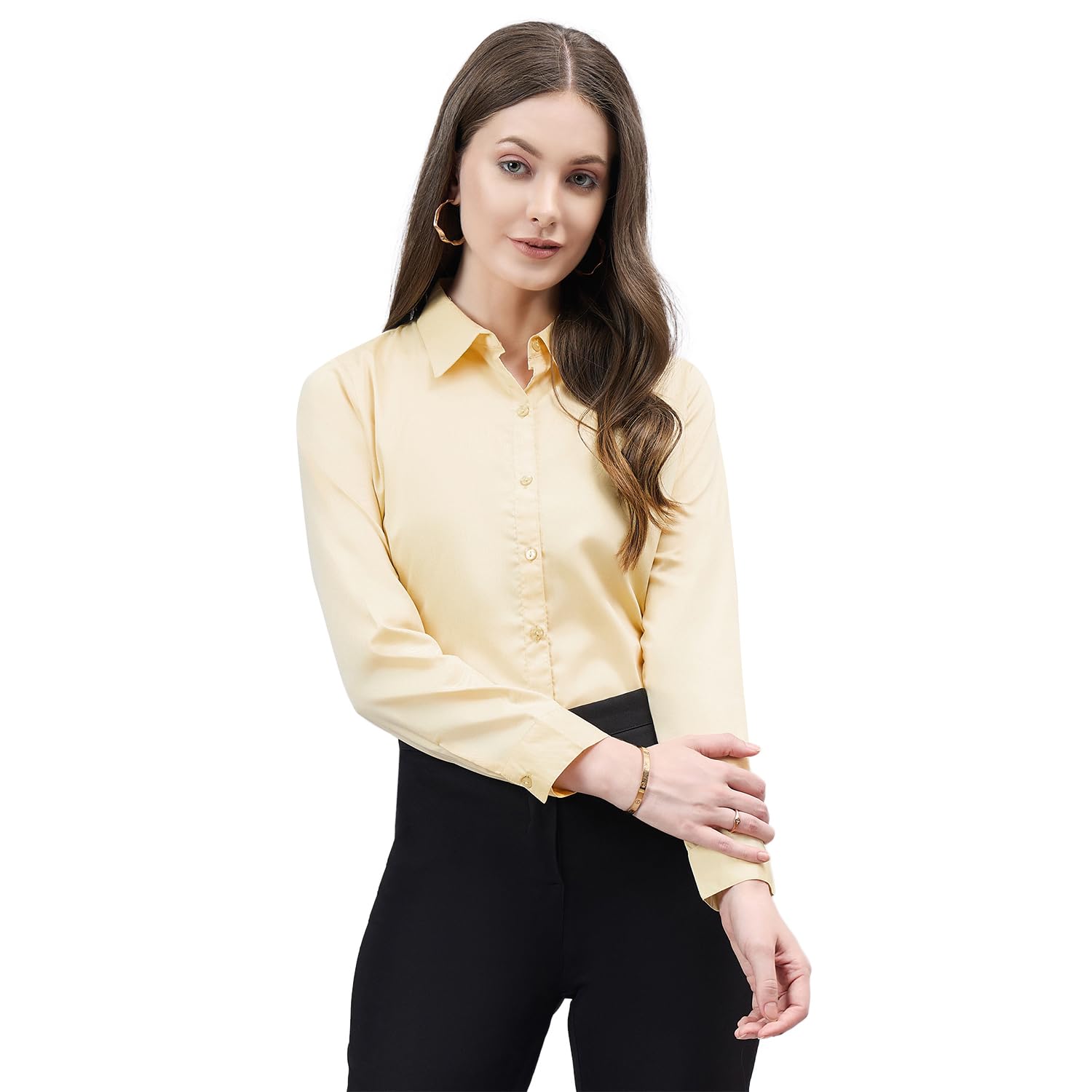 Style Quotient Women Solid Yellow Chambrey Regular Formal Shirt
