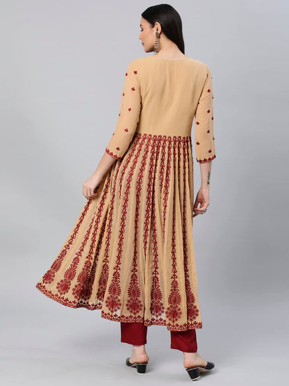 GoSriKi Women's Georgette Chikankari Embroidered Anarkali Kurti (Kari Beige-Nw1-GS)