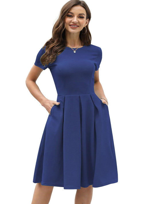Shasmi GirlS & WomenS Solid Navy Blue Color Solid Slant Pocket Fold Pleated, Women Cocktail Party Vintage Style With Pockets B