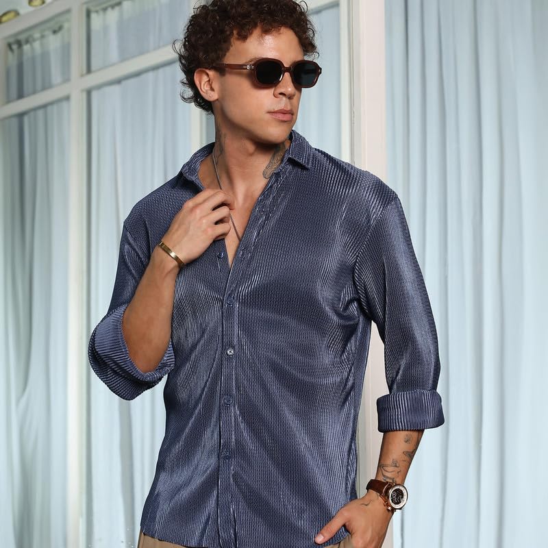 Campus Sutra Mens Navy Blue Textured-Pleat Shirt | Casual Wear | Spread Collar | Long Sleeve | Button Closure | Shirt Crafted w
