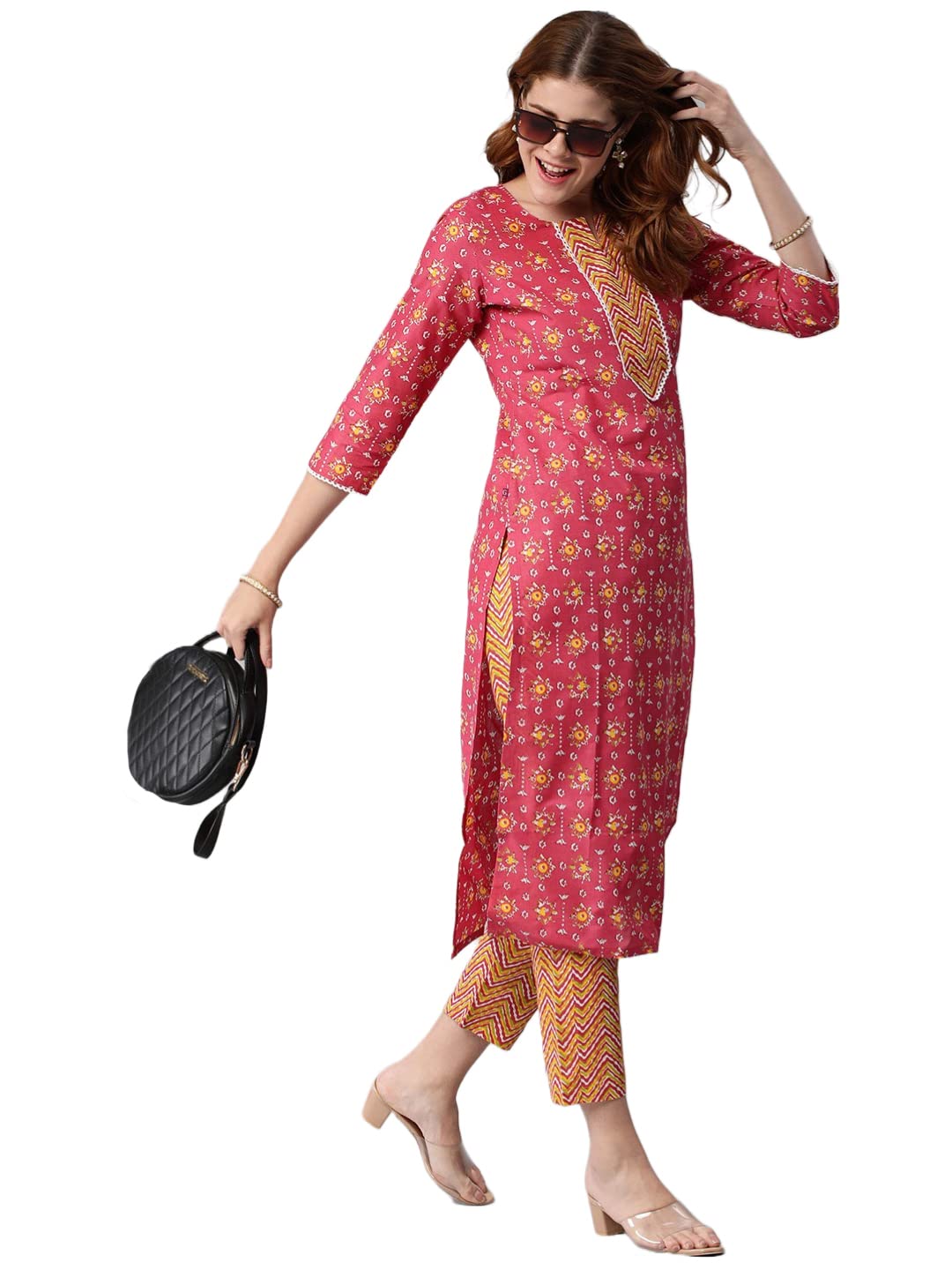 ANNI DESIGNER Women's Cotton Blend Traditional Straight Printed Kurta with Pant (Mikaa Pink-Nw5)