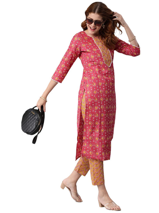ANNI DESIGNER Women's Cotton Blend Traditional Straight Printed Kurta with Pant (Mikaa Pink-Nw5)