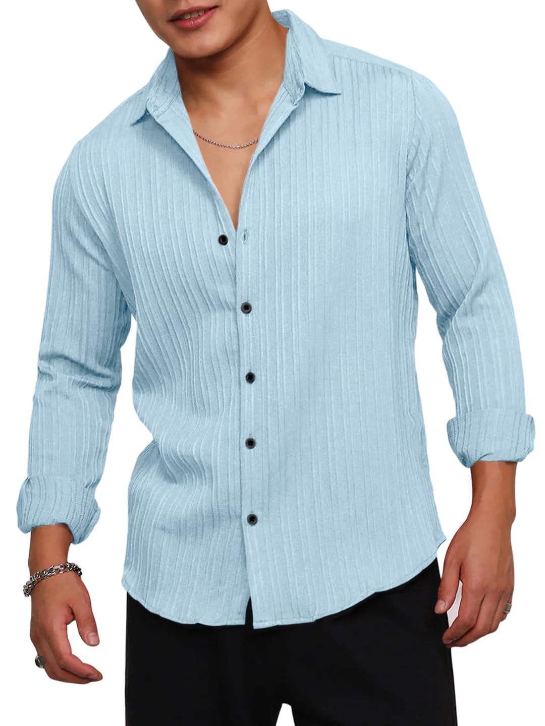 Finivo Fashion MenS Casual Cotton Striped Button Down Shirts Long Sleeve Textured Summer Beach Shirt For Men Sky Blue