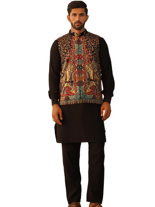 Jompers Mens Paisley Printed Nehru Jacket With Solid Kurta Pyjama Set