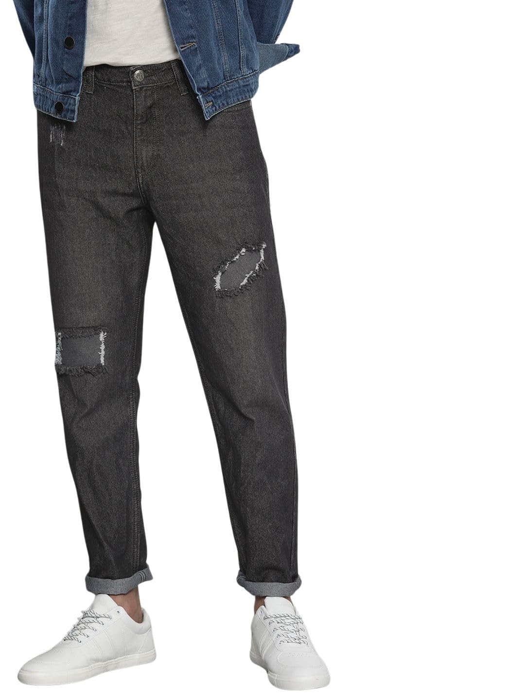 The Indian Garage Co Men Dad Fit Distressed Mid-Rise Jeans Charcoal