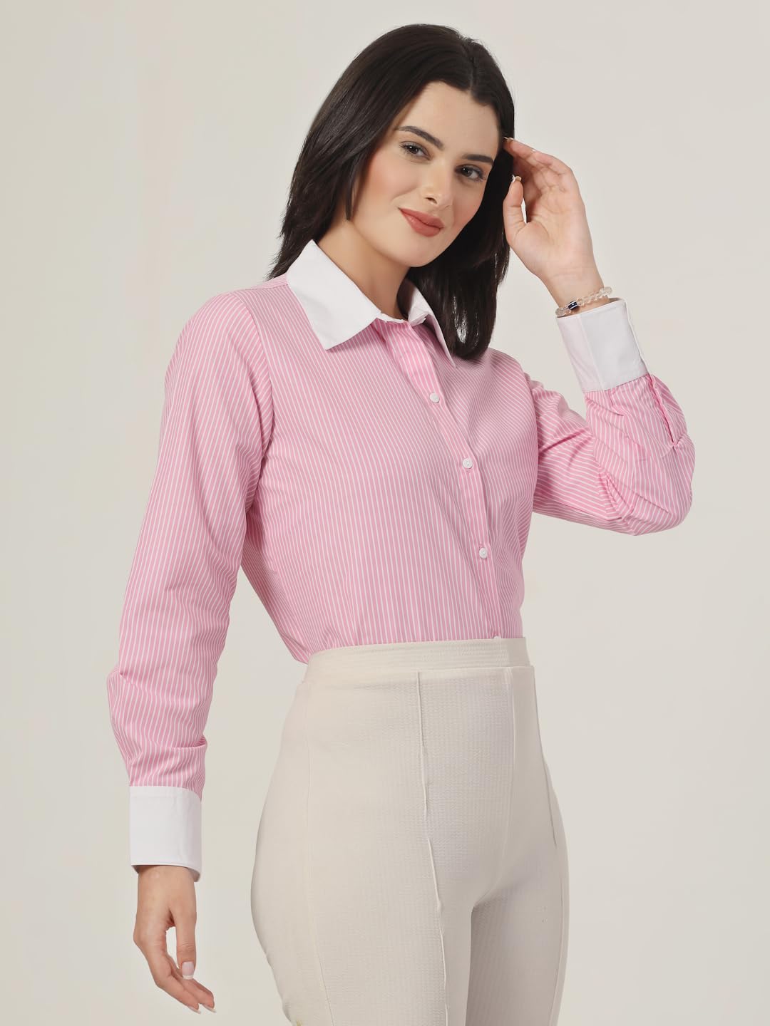 Style Quotient Women Stripe Pink and White Coloblock Polycotton Regular Formal Shirt