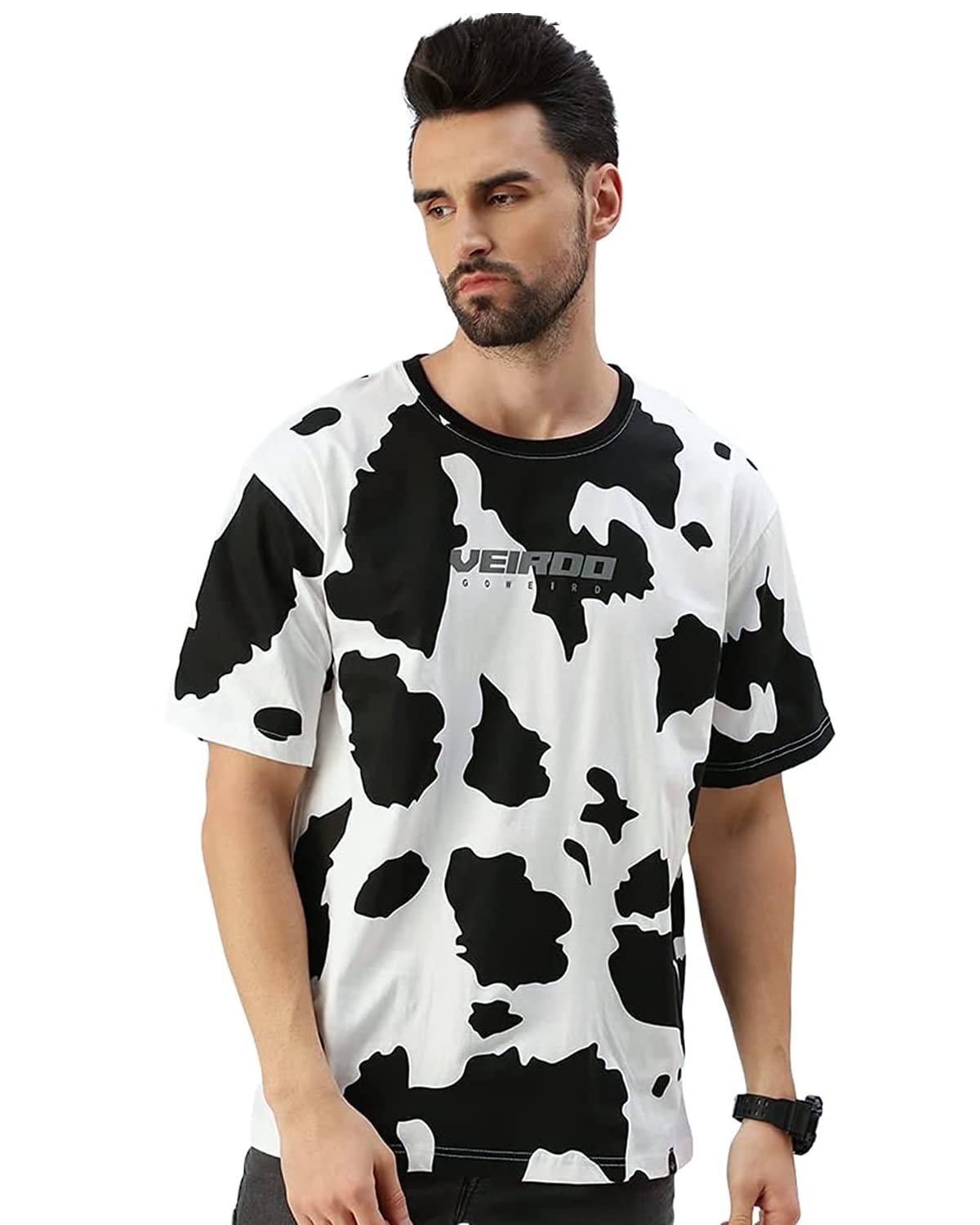 Veirdo Mens Cotton Oversized Loose Baggy Fit Cow Zebra Animal Print Round Neck T-Shirt with All Over Prin