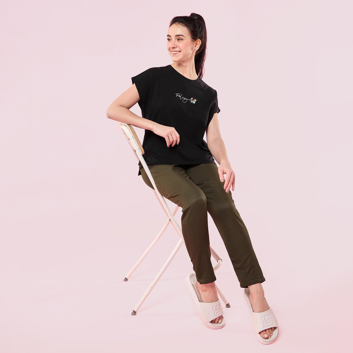 Enamor Womens Solid Relaxed Fit T-Shirt (E3G7_JetBlack Feeling