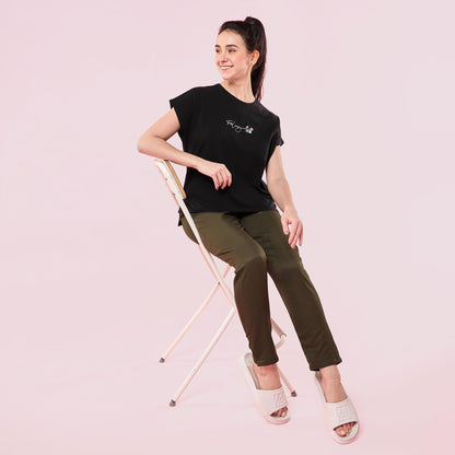 Enamor Womens Solid Relaxed Fit T-Shirt (E3G7_JetBlack Feeling