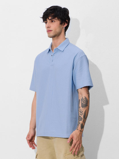 The Souled Store Textured Polo: Aqua Men and Boys Short Sleeves Collared Neck Cotton Blend Oversized Polos