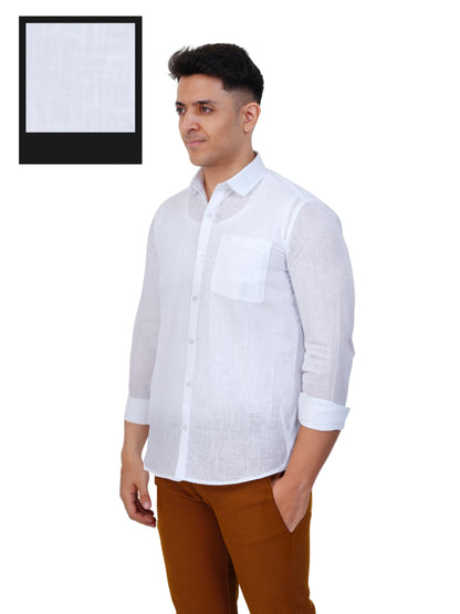 PRAKASAM COTTON Self Design Linen White Full Sleeve Shirt for Mens/Regular Fit Formal Cotton Linen Shirt for Mens