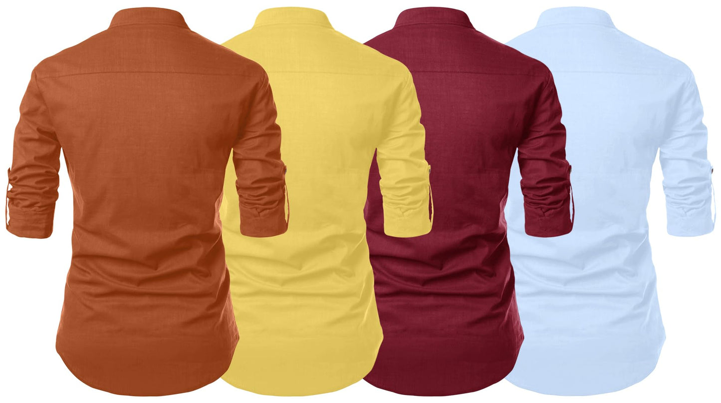 Zombom MenS Cotton Polyester Blend Solid Full Sleeve Regular Fit Kurta Shirt, Multicolor, M, Combo Set Of 4