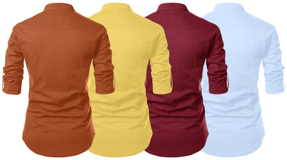 Zombom MenS Cotton Polyester Blend Solid Full Sleeve Regular Fit Kurta Shirt, Multicolor, M, Combo Set Of 4