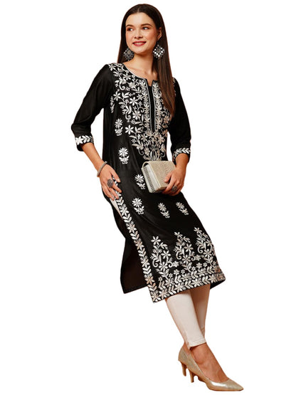 ANNI DESIGNER Womens Cotton Blend Straight Fit Chikankari Embroidered Kurta (Victoria Black_S_Black_Small)
