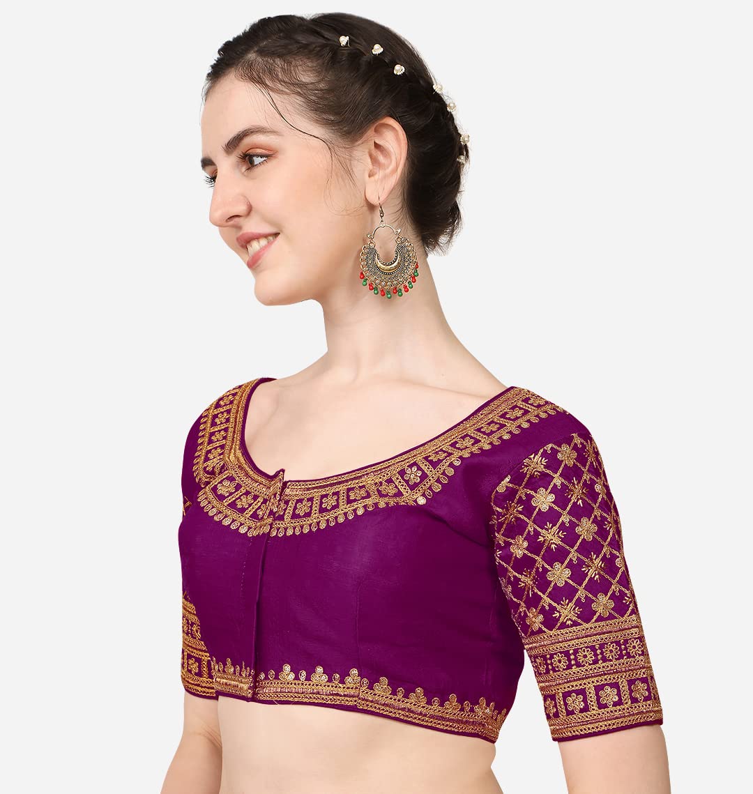 Pujia Mills WomenS Silk Embroidery Sequin Stone Work Readymade Saree Blouse