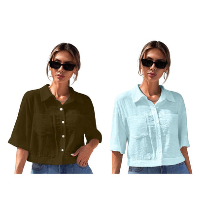 Toplot Shirt For Women || V-Collar Solid Crop For Woman || Half Sleeves For Women || Oversized Shirt For Woman (V-Crop-Shirt-518