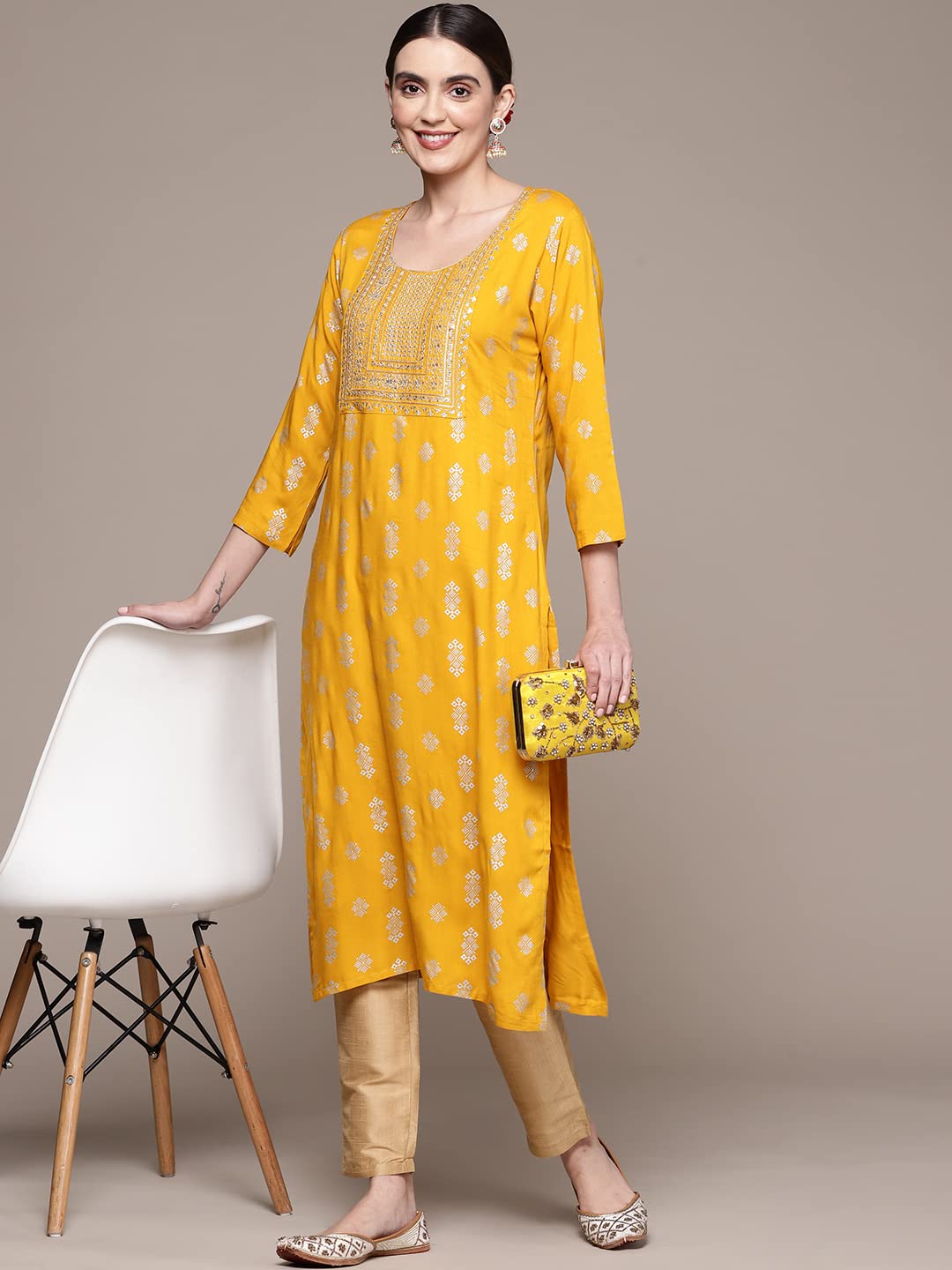 anubhutee Women's Mustard Zari Embroidered Ethnic Motifs Printed Kurta