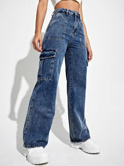 Kotty WomenS Solid High Rise Relaxed Fit Cargo Jeans(Blue,34)