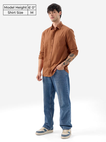 The Souled Store Russet Brown Men & Boys Long Sleeve Collared Neck Button Front Regular Fit Solid Cotton Linen Shirts