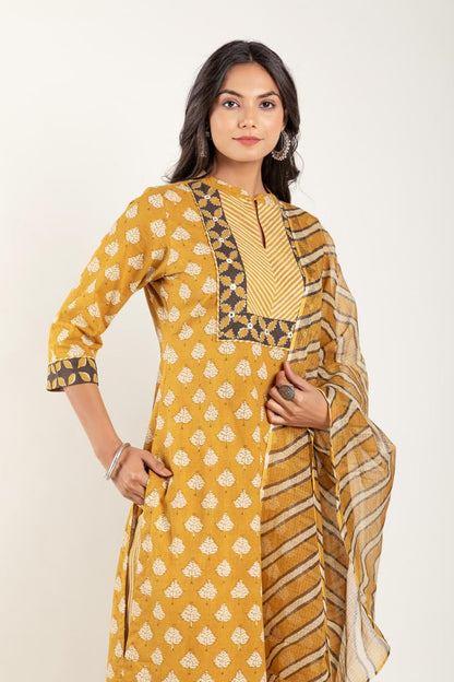 Lookmark WomenS Printed Cotton Blend Straight Kurta Afghani Pant Dupatta Set - Ethnic Elegance Embodied | Perfect Fusion Of Tra