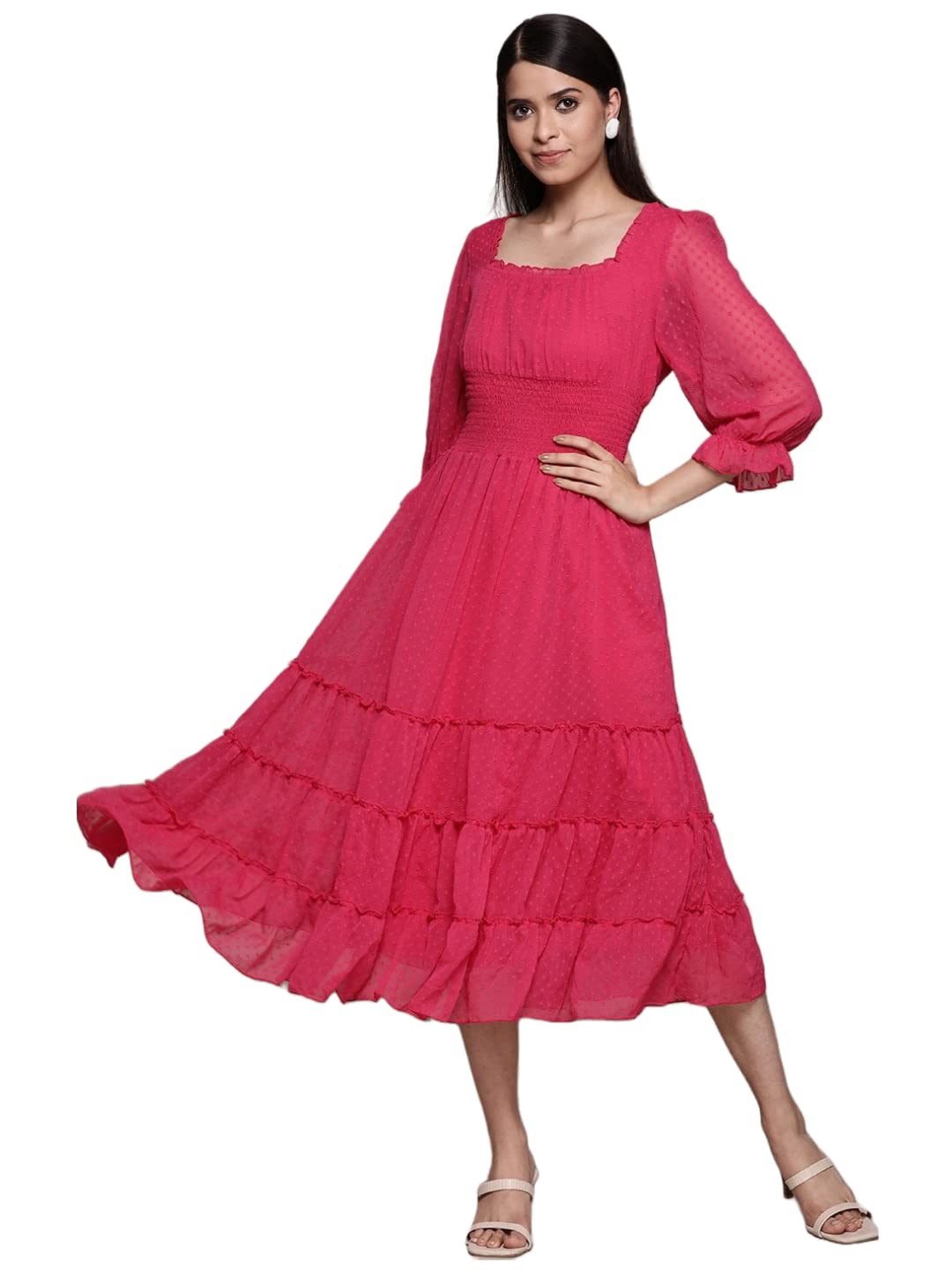 Gosriki WomenS Solid Chiffon Smocked Tiered Midi Dress (Beau-Pink-Dress_Xl-Gs_Pink_X-Large)