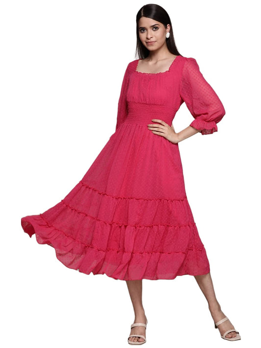 Gosriki WomenS Solid Chiffon Smocked Tiered Midi Dress (Beau-Pink-Dress_Xl-Gs_Pink_X-Large)