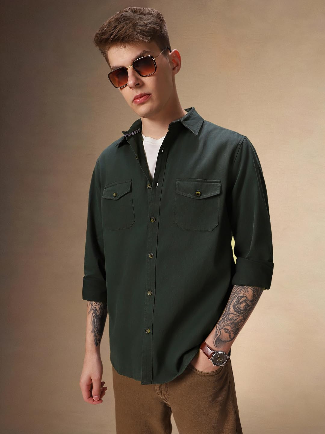 Dennis Lingo Relaxed Fit Full Sleeves Spread Collar Solid Men Shirt Dark Green